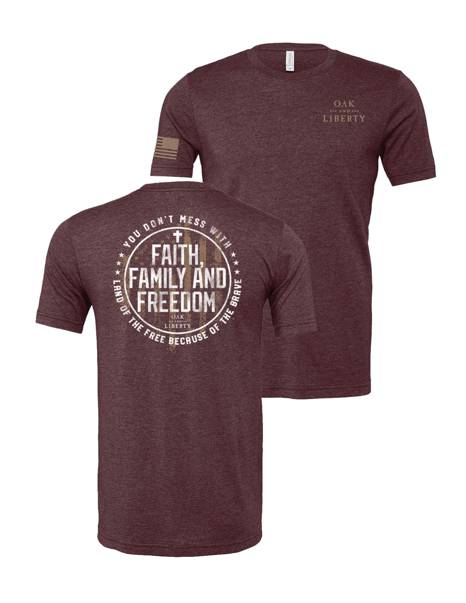 Faith Family Freedom T Shirt Heather Maroon Patriotic Oak