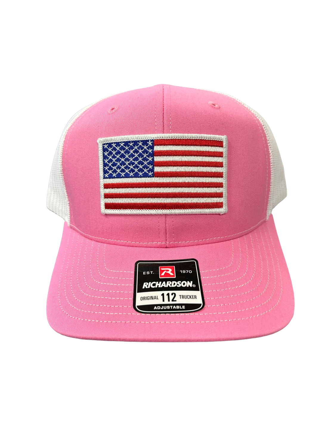 American Flag Patch Trucker Hat (PINK/WHITE) - WHITE BORDER