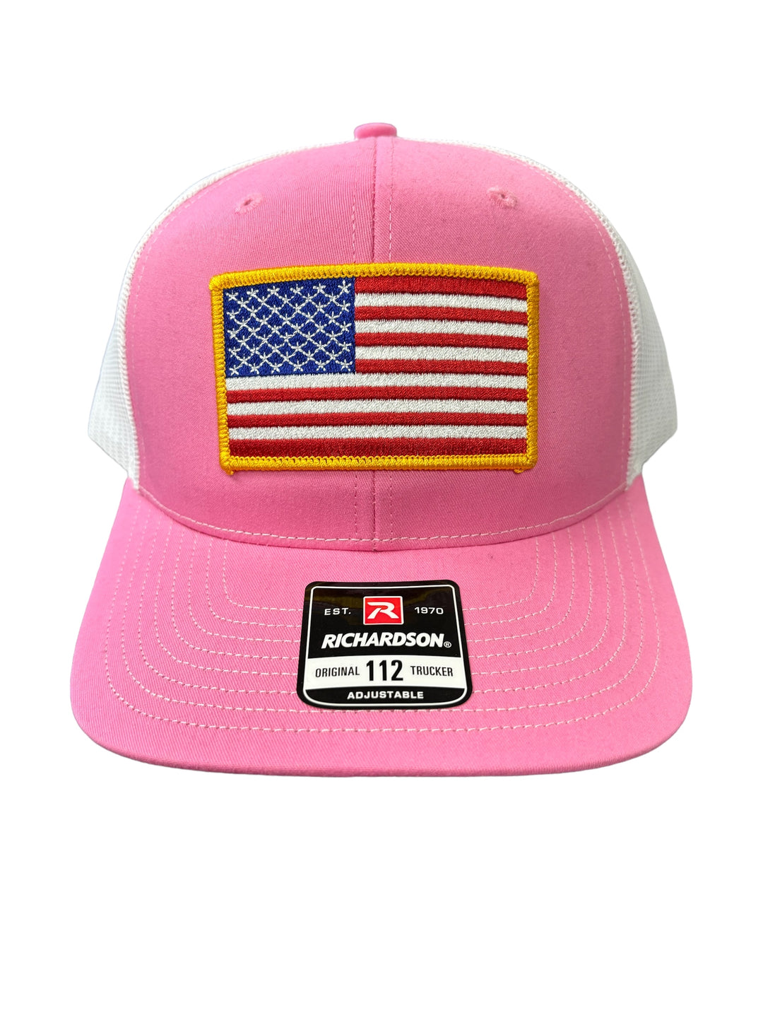 American Flag Patch Trucker Hat (PINK/WHITE) - GOLD BORDER